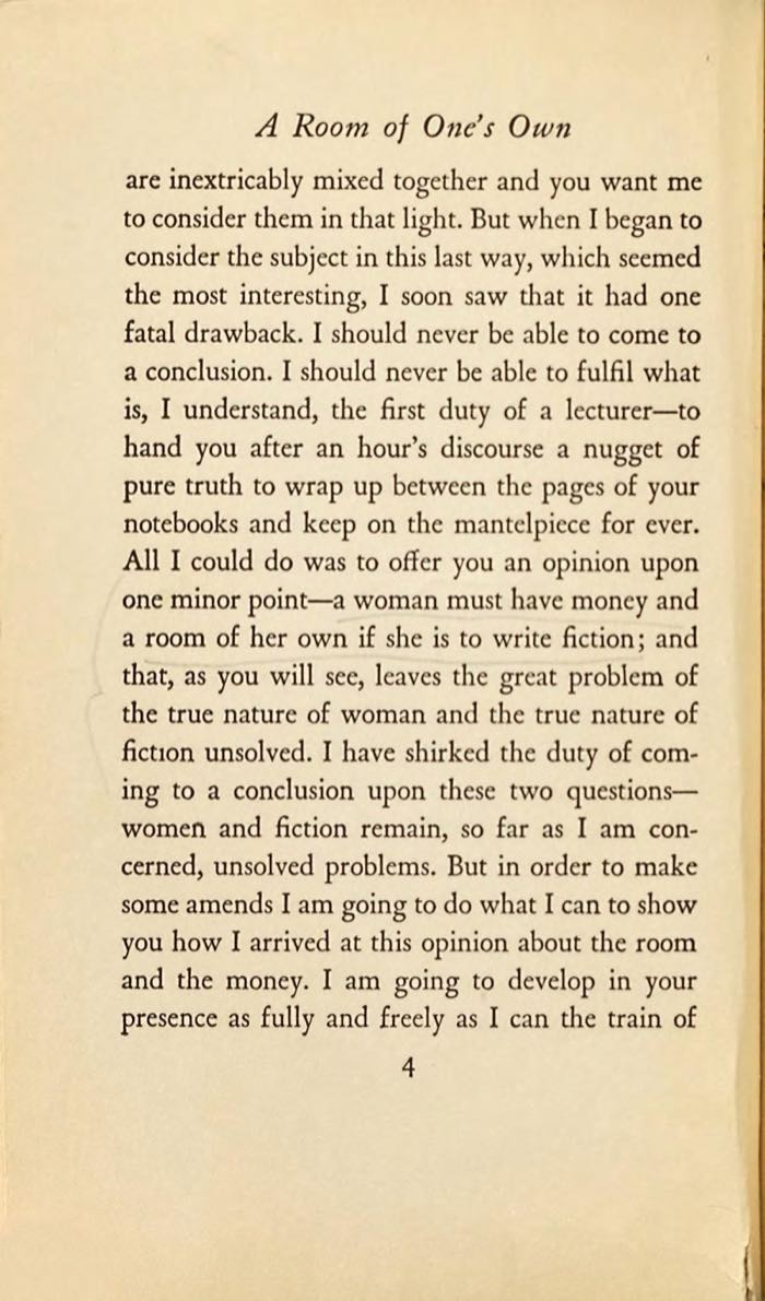 Scanned page from the 1929 Harcourt, Brace first American edition of A Room of One’s Own, including the sentence that a woman must have money and a room of her own.