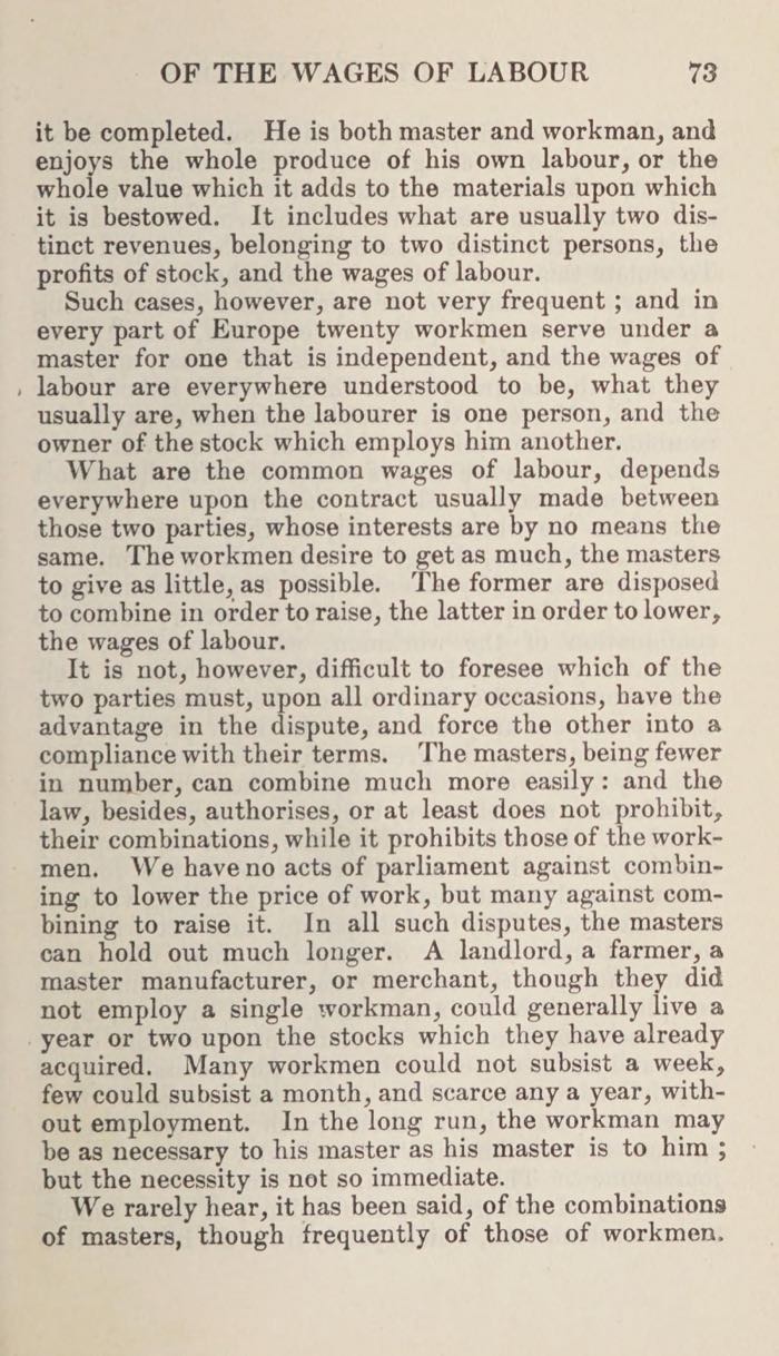 Scanned page from the 1928 Oxford World’s Classics edition of The Wealth of Nations describing how masters can hold out longer than workers in wage disputes.