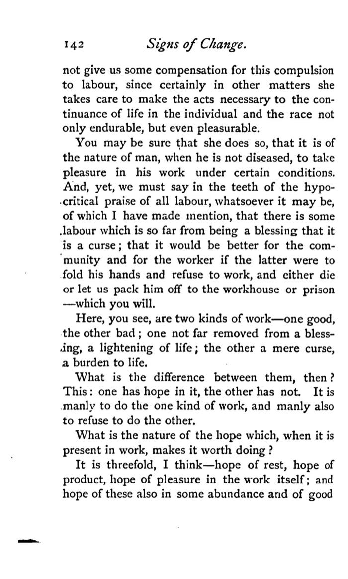 Scanned page from William Morris’s Signs of Change listing rest, product, and pleasure as the three hopes that can make work worth doing.