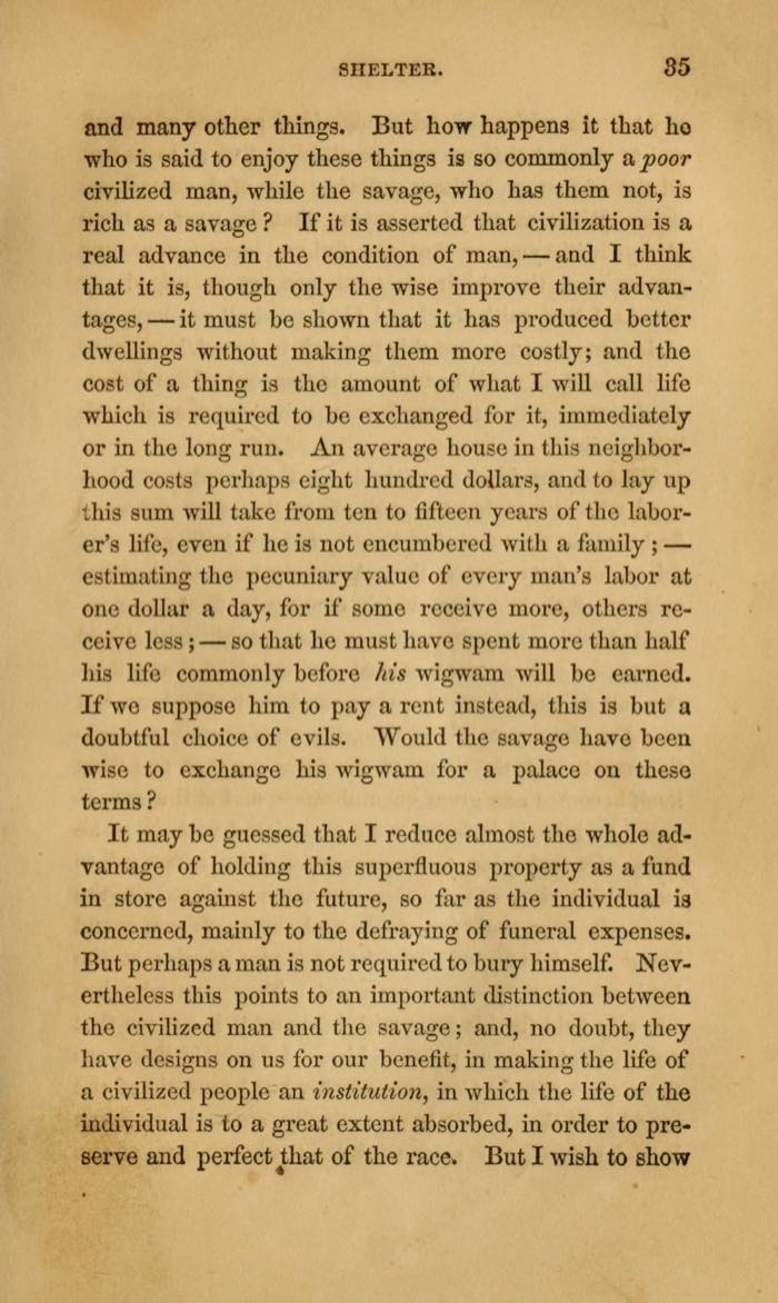 Scanned page from the 1854 first edition of Walden containing Thoreau’s definition of cost as life exchanged.