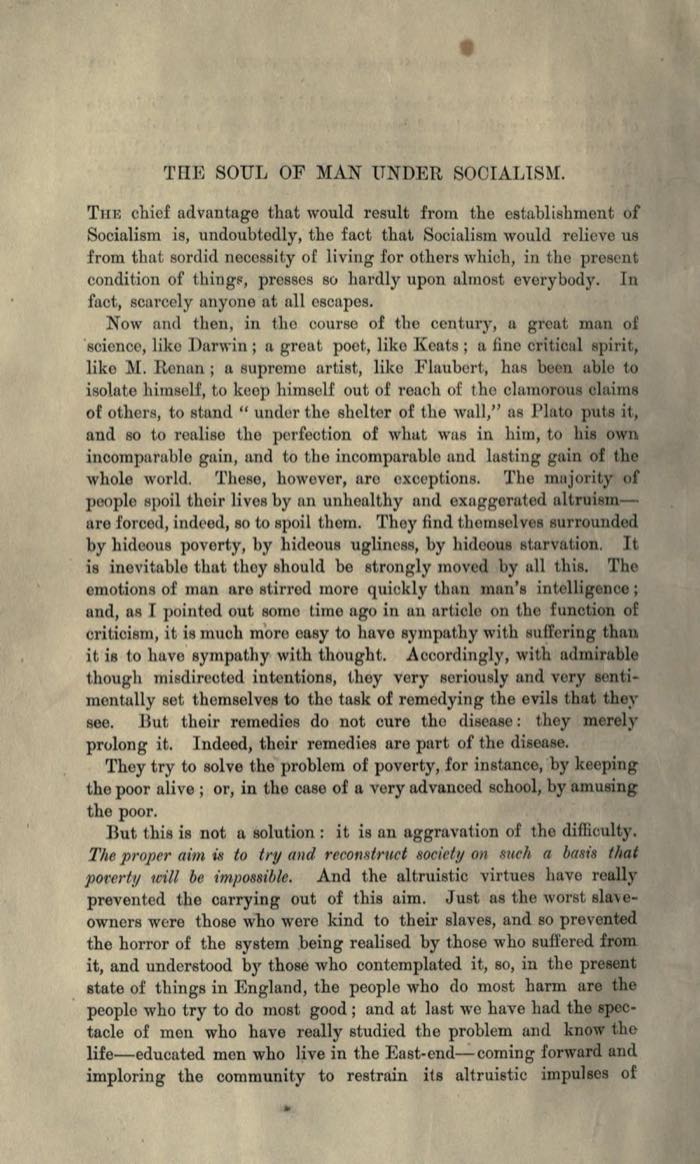 Scanned page from Oscar Wilde’s The Soul of Man Under Socialism arguing that keeping the poor alive is not the same as ending poverty.