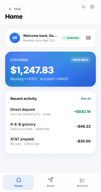 Simulated wallet with a sample checking balance, recent activity, and navigation.