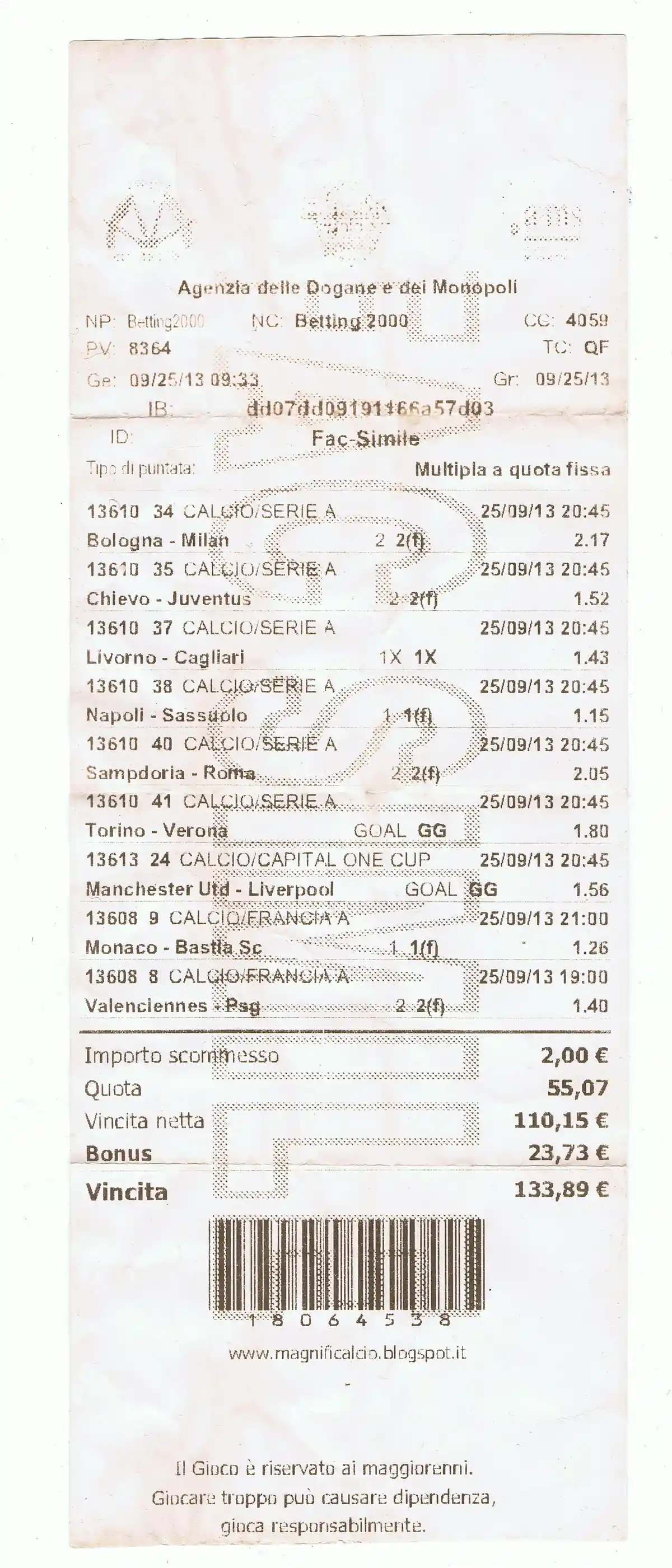 A worn multi-game sports betting ticket