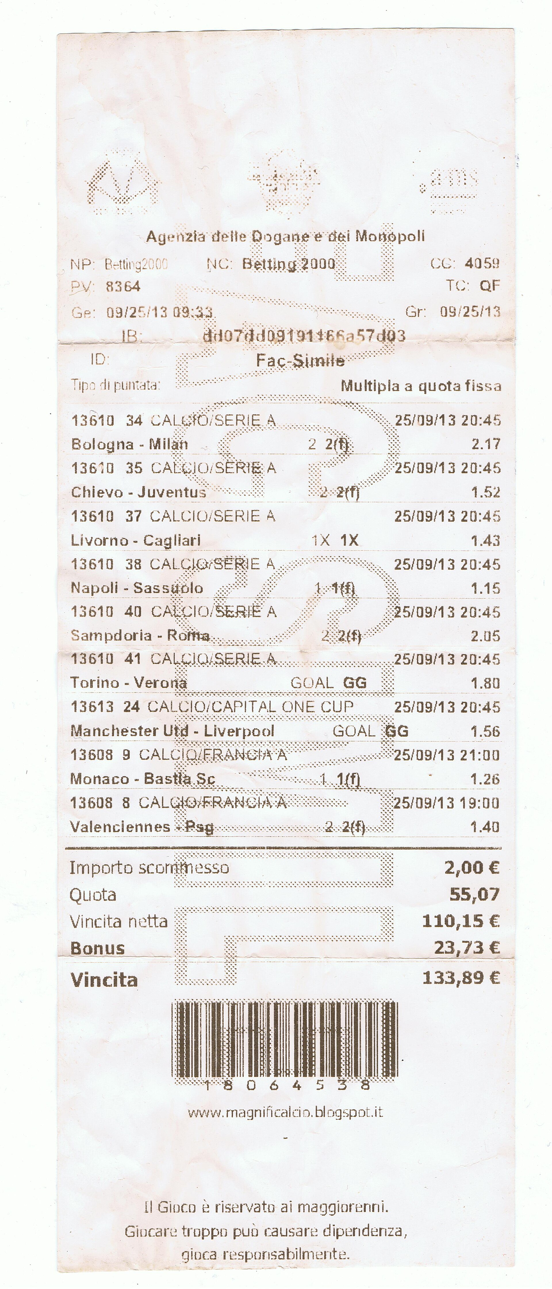 A worn multi-game sports betting ticket